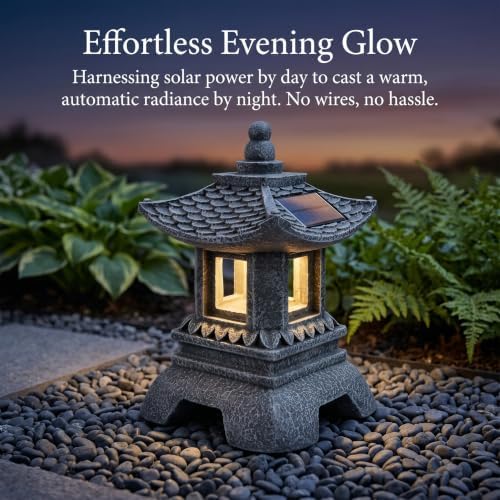 Solar Pagoda Decors Garden Statues, Zen Asian Outdoor Statues Accessories Japanese Pagoda Lamp Lantern for Garden Balcony Patio Porch Yard Art Ornament Decoration, 12 Inches - Image 5