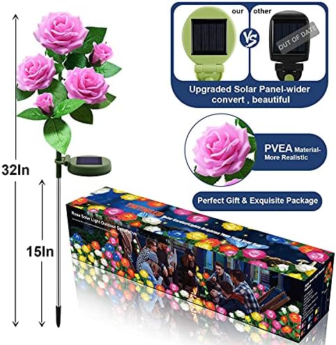 Solar Flower Lights Outdoor - Upgraded New Material Two Modes Realistic LED Solar Powered Waterproof Lights with 5 Roses, Solar Decorative Stake Lights for Garden (Pink, 2 Pack) - Image 3