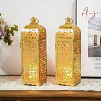 BHCJ 2-Pack Vintage Decorative Candle Lantern 12.5'' High Metal Moroccan Lantern Hanging Lantern with Hollow Pattern for Home Decorations Living Room Garden Parties Events Indoors Outdoors(Gold) - Image 3