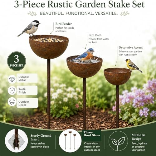 3 Pack Rustic Metal Bird Bath Stake Set for Outdoors, Garden Bird Bath Bowls with Ground Stakes, Bird Feeder Rain Catcher Wildlife Water Station for Birds, Bees & Butterflies - Image 3