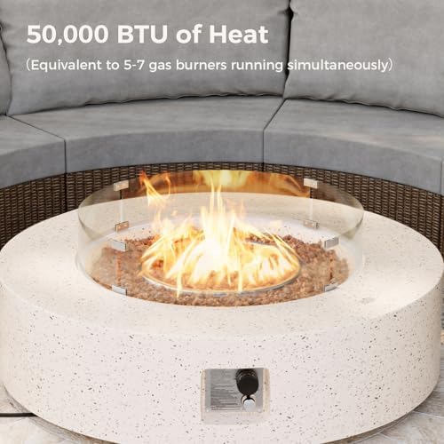 SUNBURY Outdoor 42 Inch Propane Fire Pit Table, 50000 BTU Spotted White Patio Gas Fire Table w Glass Wind Guard, Tank Table, Lava Rocks - Image 3