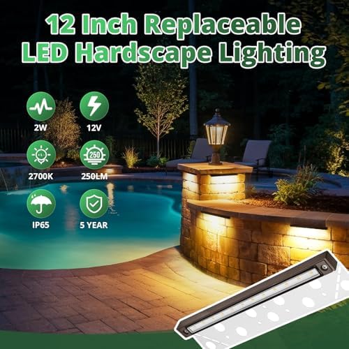 GKOLED Replaceable 12" LED Hardscape Lights, Low Voltage Retaining Wall Lights, Paver Wall Hardscape Lighting, Outdoor Landscape Step Lights, 12VAC/DC 1.5W 2700K, Die-cast Aluminum Housing, 4 Pack - Image 4