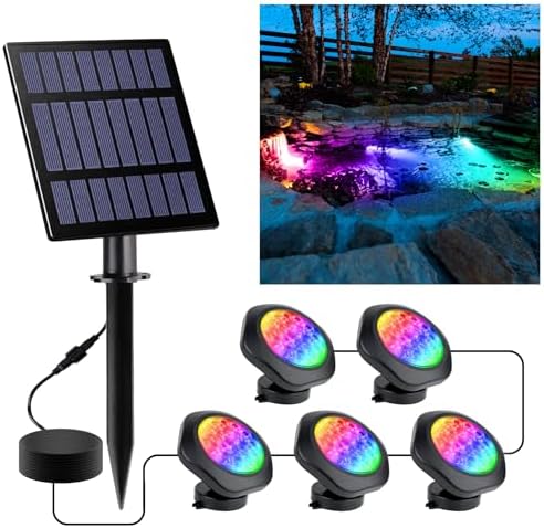 Solar Pond Lights, 18 LED Super Bright RGB LED Underwater Spotlights Color Changing Submersible Pond Light IP68 Waterproof Fountain Lights for Fish Aquarium Tank Garden Yard Pool (5-in-1) by CREPOW