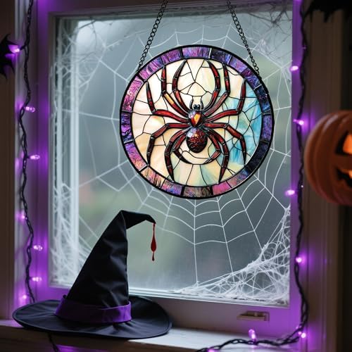 Halloween Spider Stained Glass Window Hanging Decor Gifts for Women 12" - Image 4
