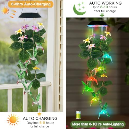 Hummingbirds Solar Wind Chimes Outdoor,Color Changing LED Dangler Mobiles - Image 3