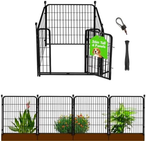 Getlay Garden Fence with Gate 36 in(H)×27 in(L) 4 Panels, Heavy Duty Iron Animal Barrier Fence, Rabbit Fence for Garden, Suitable for Indoor Pet Or Outdoor Dog Fencing, Total 8.9 Ft(L), Black by Getlaygardenfence