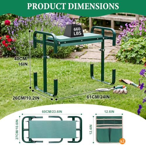 Adjustable Garden Kneeler and Seat with 5-Level Height, 660LBS Heavy Duty Folding Garden Bench Kneeler with Soft EVA Kneeling Pad & 2 Large Tool Pouches, Gardening Gifts for Seniors, Women, Elderly - Image 2