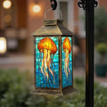 Solar Lantern Outdoor Waterproof Stained Glass Jellyfish Vibrant Orange Blue Tones Garden Decor LED Hanging Solar Lights Tabletop Lamp Gifts for Women Mom Outside Yard Patio Porch by DERUINVAIO
