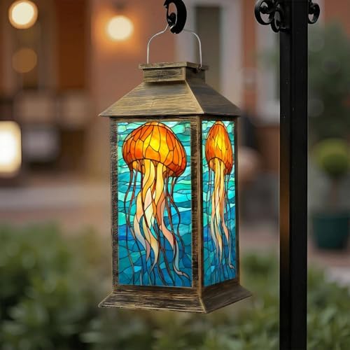 Solar Lantern Outdoor Waterproof Stained Glass Jellyfish Vibrant Orange Blue Tones Garden Decor LED Hanging Solar Lights Tabletop Lamp Gifts for Women Mom Outside Yard Patio Porch by DERUINVAIO