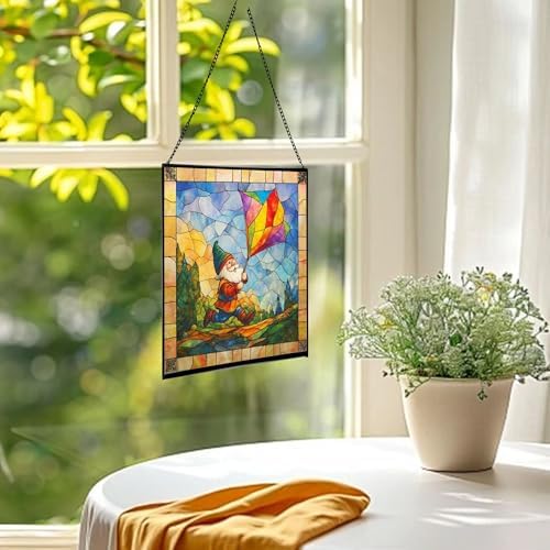 Gnome with Kite Flight Stained Glass Suncatcher – Square Hanging Window Panel for Home or Greenhouse – Whimsical Glass Art Gift for Garden Lovers, Christmas, Halloween, Father Days uL8KsZ - Image 3