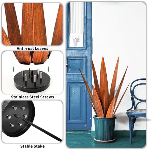 KODIBO 24" Metal Agave Plant Outdoor Decor, Large Garden Sculpture, Rusty - Image 6