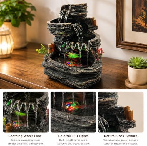 Indoor Tabletop Water Fountain with LED Light, Resin Rock-Look Waterfall Decor, Feng Shui Inspired Zen Fountain for Desk, Office, Bedroom, Living Room & Meditation Space (9.25" Cascading Rock) - Image 5