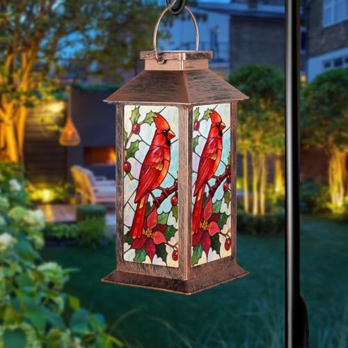 Fussion Solar Lanterns Outdoor Waterproof Garden Decor Birthday Gifts for Women Mom Grandma Sister, Hanging LED Plastic Solar Lights Outside Gardening Decorations for Yard Patio - Cardinal - 1 Pack by Fussion