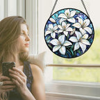 Stained Glass Window Hanging - White Lily Flowers Suncatcher for Door Terrace Garden Home Decor Blue Purple Sun Catcher Birthday Gifts for Lovers Women Men Dad Mom Nana 15 in - Image 2
