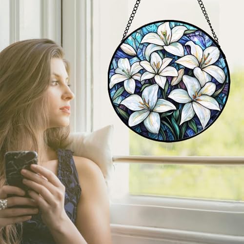 Stained Glass Window Hanging - White Lily Flowers Suncatcher for Door Terrace Garden Home Decor Blue Purple Sun Catcher Birthday Gifts for Lovers Women Men Dad Mom Nana 15 in - Image 2