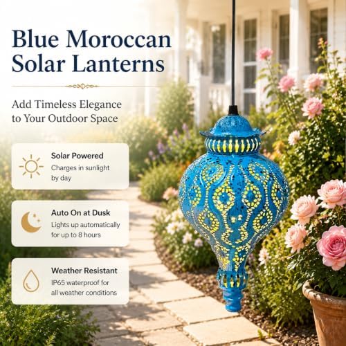 Moroccan Solar Lanterns Outdoor Hanging Garden Decor (2 Pack, Blue) - Image 5
