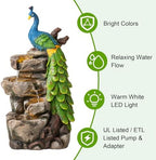 Glitzhome Outdoor Water Fountain with Lights, 4-Tierd Peacock W/Stacked Stone Outdoor Fountain, 20.5" H Polyresin Decorative Waterfall Feature Garden Fountain with Pump for Garden, Patio, Porch - Image 3