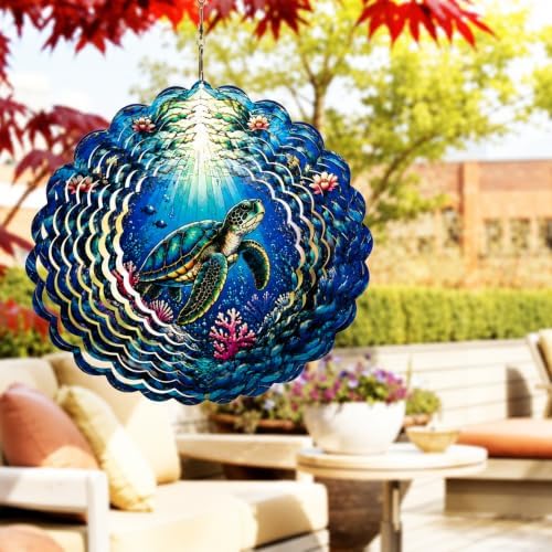 Shwing Wind Spinner 12 Inch Sea Turtle Wind Spinner Hanging Wind Sculptures Ocean Turtle Coral Reef Metal Ornament Outdoor Kinetic Garden Art for Patio Porch Beach Coastal Decoration - Image 7
