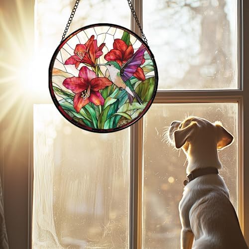 Red Flower Hummingbird Stained Glass Window Hanging Gifts for Women 9.8" - Image 3