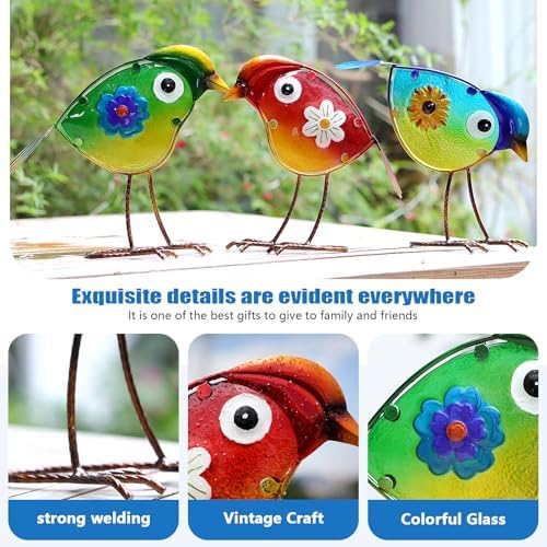 Bird Garden Decor Set of 3 Metal Glass Outdoor Yard Art Patio Lawn Decor - Image 4