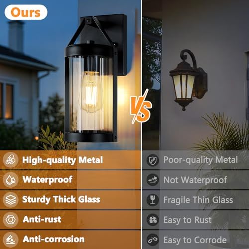 Brightever Outdoor Wall Light Fixtures, Waterproof Matte Black Exterior Wall Lantern Sconce Porch Lights, Outside Lighting with Clear Ribbed Glass for House, Garage, Front Door, 2-Pack - Image 2