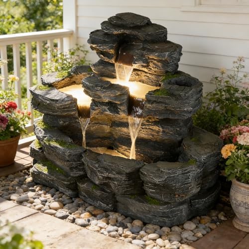 5-Tier Rock Outdoor Water Fountain, 29.7" L Realistic Moss Decor & Cascading Waterfall Fountain with LED Lights, Resin Garden Water Feature for Patio, Yard & Porch, Home Art Décor by EPICOZY