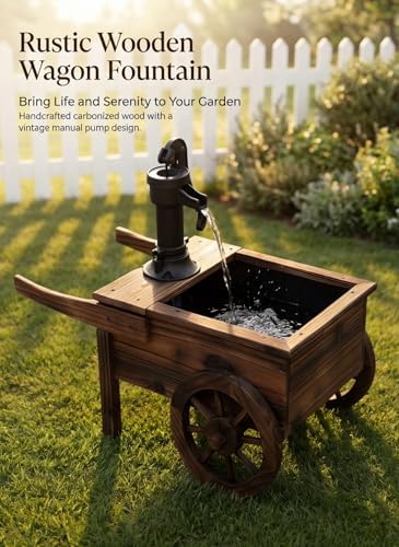 Carbonized Wood Outdoor Freestanding Fountain - Movable Vintage Hand Pump Cart, Plug-in Water Pump Electric Decorative Water Feature for Patio, Garden & Indoor Decoration - Image 2