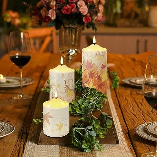 Cozeyat Flickering Flameless Electric Candles with Timer 3 Pack, Fall Maple Leaf Print LED Candles Battery Operated, Unscented Wax Pillar Tealights for Thanksgiving Day Indoor Decor - Image 4