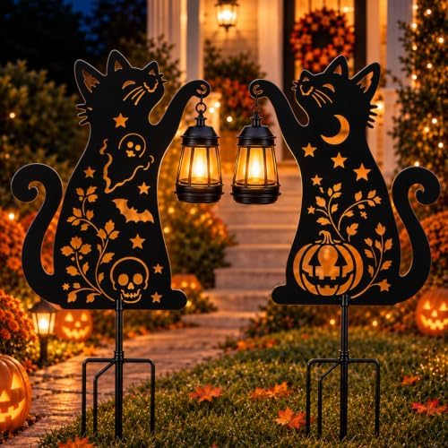 2 Pack Black Cat Solar Lights Set Metal Decorative Solar Cat Hanging Lights Outdoor, Waterproof Garden Decor,Outdoor Ornament Perfect，Ghost Cat by Unknown