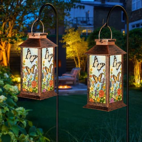 Fussion Solar Lanterns Outdoor Waterproof Garden Decor Birthday Gifts for Women Mom Grandma Sister, Hanging LED Plastic Solar Lights Outside Gardening Decorations for Yard Patio - Butterfly - 2 Pack by Fussion