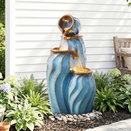 Grepatio Outdoor 4-Tiers Water Fountain, 30" H Cascading Fountain with 3 LED Lights, Outdoor Resin Fountains Waterfalls for Garden, Patio, Yard, and Deck Decor with Blue Imitation Ceramics Look - Image 6