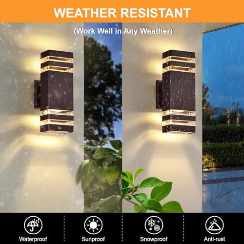 DASTOR 4 Pack Outdoor Wall Lights, Brown Exterior Lighting Fixtures Wall Mount, 2-Layer Modern Outdside Lights for House, Up and Down Outdoor Sconce Lights for Porch Patio Garage - Image 3