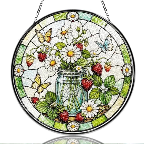 Stained Glass Window Hanging Strawberry Daisy Butterfly Sun Catchers Mason Jar Floral Suncatchers for Home Porch Garden Indoor & Outdoor Decor (9.8x9.8 in) by Unknown