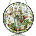 Stained Glass Window Hanging Strawberry Daisy Butterfly Sun Catchers Mason Jar Floral Suncatchers for Home Porch Garden Indoor & Outdoor Decor (9.8x9.8 in) by Unknown
