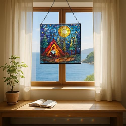 Night Camp Gnome Stained Glass Suncatcher – Square Hanging Window Panel for Home or Greenhouse – Whimsical Glass Art Gift for Garden Lovers, Christmas, Halloween, Father Days YYXOkZ - Image 6