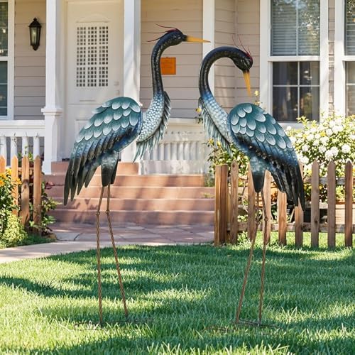 3.7ft Tall Blue Heron Metal Yard Art, XL Crane Statue Decor, S/2 - Image 5