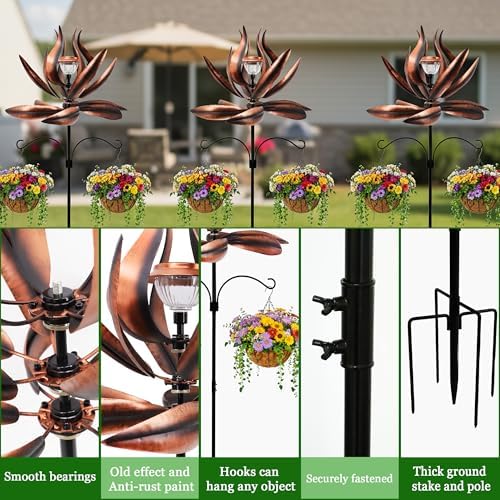 94in Solar Wind Spinner Bronze Metal Garden Stake Kinetic Yard Art - Image 7