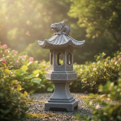 Chinese Pagoda Dragon Lantern Statue, Stone-Look Garden Decor - Image 6