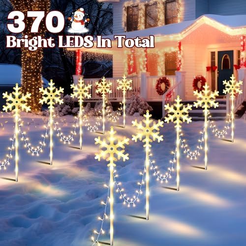 10 Pcs Christmas Snowflake Pathway Stake Lights for Outdoor Yard, 370 Bright LEDs Waterproof Large Christmas Snowflake Light Decoration for Garden Lawn Driveway Walkway Decor (Warm White) - Image 4