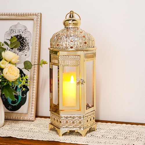 TRIROCKS Moroccan Candle Lantern16'' Gold Hexagonal Candle Holder with Tempered Glass Decorative Indoor Outdoor Ramadan Lantern for Living Room Garden Yard Patio Parties Events (Gold) by TRIROCKS