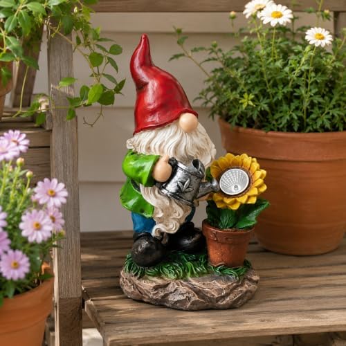 Solar Garden Gnome Statue with Sunflower Light, Resin Outdoor Yard Figurine Holding Watering Can for Lawn, Patio, Porch and Flower Bed Decor, 1-Piece - Image 7