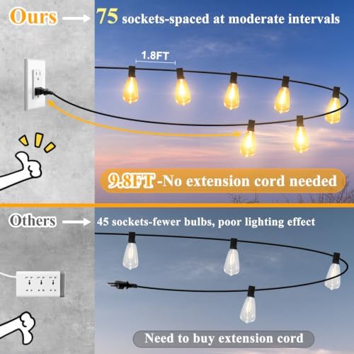 Brightever 150FT Outdoor String Lights 77 Bulbs, 2200K Amber Lights - Image 4