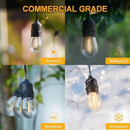 33FT Outdoor Waterproof String Lights with 11 Shatterproof Bulbs, IP65 Patio Lights for Garden Wedding Cafe - Tangle-Free Cables with Hooks (Warm White) - Image 2