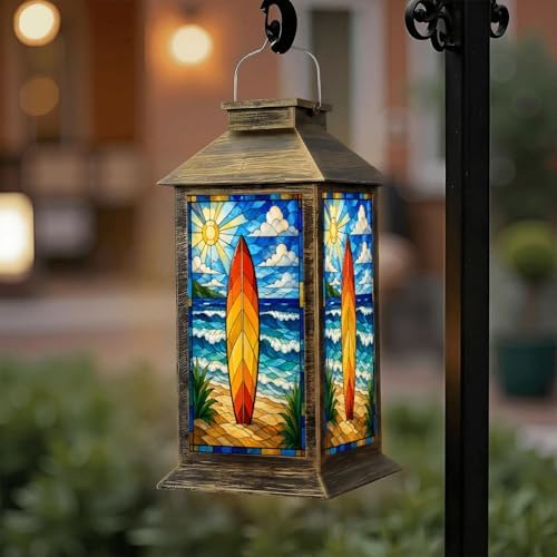 Solar Lantern Outdoor Waterproof Stained Glass Surfboard Vibrant Ocean Beach Garden Decor LED Hanging Solar Lights Tabletop Lamp Gifts for Women Mom Outside Yard Patio Porch by DERUINVAIO