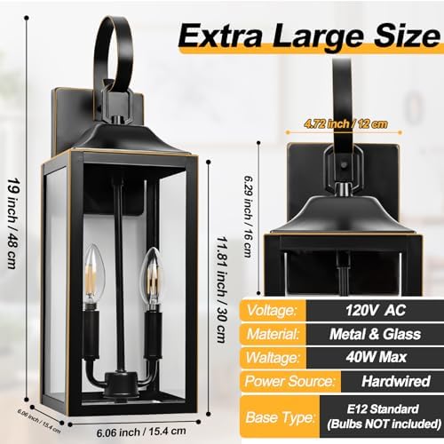 19" Large Outdoor Wall Lights Modern Front Porch Lantern Wall Mount 2-Light - Image 3
