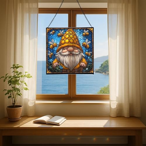 Bee Keeper Gnome Stained Glass Suncatcher – Square Hanging Window Panel for Home or Greenhouse – Whimsical Glass Art Gift for Garden Lovers, Christmas, Halloween, Father Days jHIJ7k - Image 6