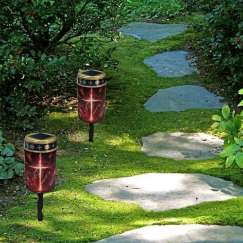 Poceacles Solar Lights Outdoor Grave Candle for Cemetery Decoration Solar Outdoor Lights for Garden Lawn Backyard Pathway Decor, Lion Cross Cloud Print Red, 6 Piece Set - Image 4