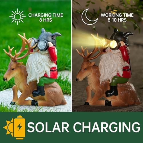 VChymm Garden Gnome Statues Resin Gnome Sitting On Deer Statues Solar Lights Outdoor Telescope Gnome Gifts for Yard, Patio Decor Gift (Deer Gnome) - Image 6