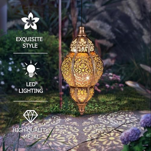 Hanging Solar Lantern Outdoor Decor 2Pack, 9.5In Moroccan LED Lights for Outside Garden Decorations, Waterproof Solar Lanterns Garden Gifts for Mom, Women, Patio, Yard (Copper) - Image 3