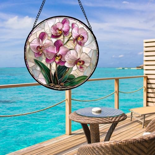 Pink Orchid Stained Glass Window Hanging Suncatcher Gifts for Women 15" - Image 5